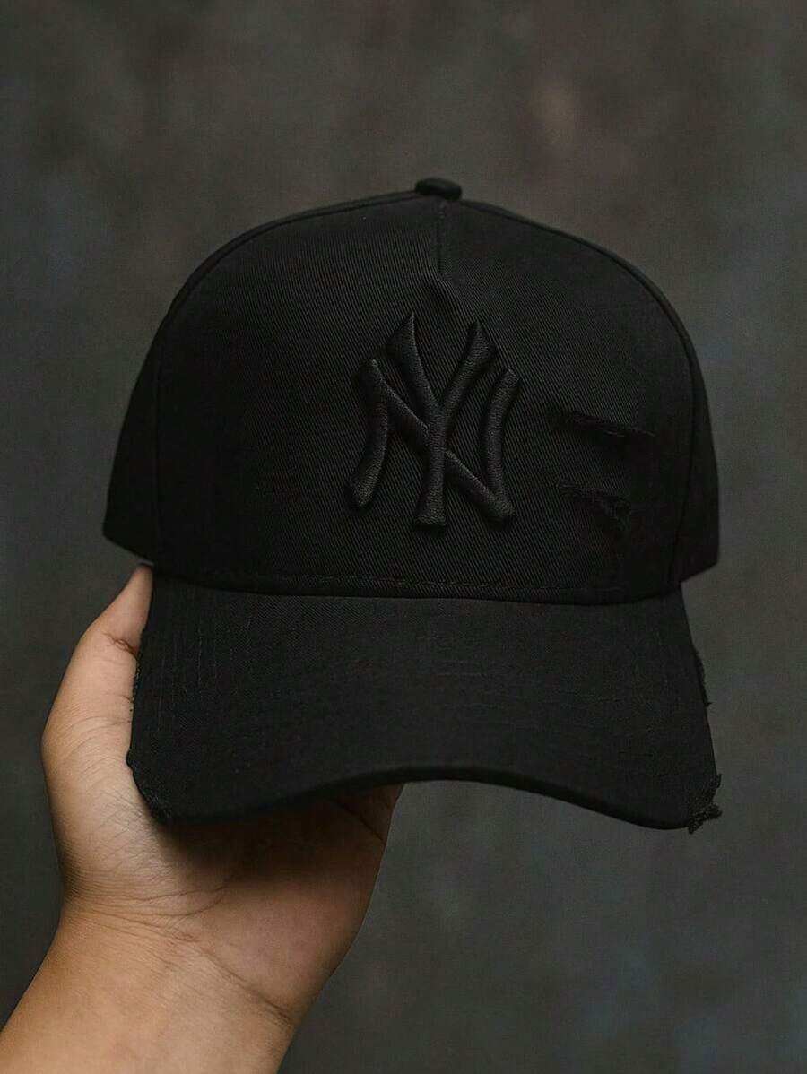 Men's Ripped New York Destroyed NY Baseball Cap With Curved Brim, Unisex Style. - 黑色 - 查看 1