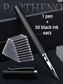 51pcs Metal Fountain Pen Ink Cartridge Set, Black Metal Business Fountain Pen, Office & Study Stationery, 1 Fountain Pen + 50 Refill Ink Cartridges - Black - View 9
