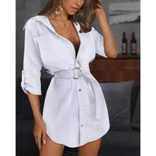 Vestido de manga larga con cuello solapa de unicolor - Caqui - Ver 5