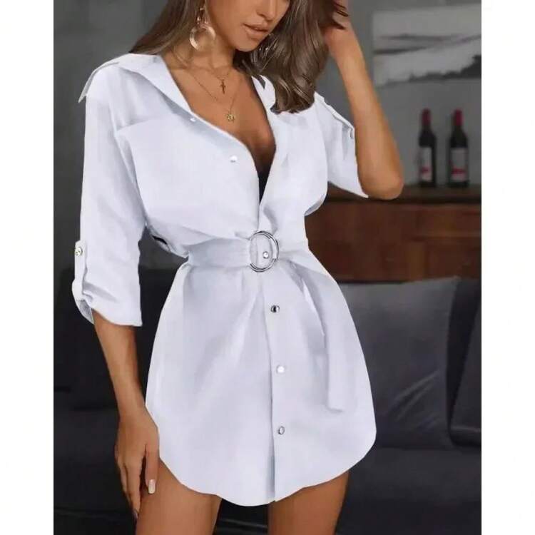 Solid Color Lapel Long Sleeve Dress - White - View 5