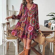 Women's Bohemian V-Neck Long Sleeve A-Line Dress - Multicolor - View 2