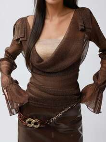 女士时尚两件套，四季皆宜。这款露脐抹胸上衣采用撞色棕色网纱闪光低V领设计，性感贴身，是午夜派对和夜店的完美之选。春季 - 咖啡棕 - 查看 6