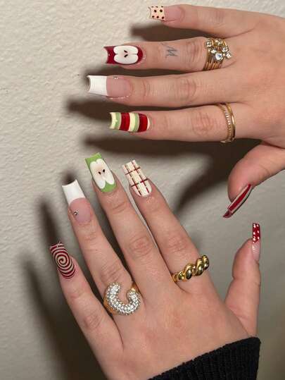 24pcs Square Acrylic Nail Stickers Gift Set, Includes Red Apple, White French Tips, Red & Green Plaid, And Red Ribbed Patterns. Unique, Sweet, Fashionable And Cute, Perfect For Holiday Gifts Or Daily Wear For Girls And Women. Set Includes 1pc Jelly Gel And 1pc Nail File. Nails Nail Supplies