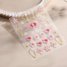 2片装 5D立体浮雕花卉金色法式线条美甲贴纸 | 自粘渐变粉色樱花、芙蓉、雏菊美甲贴，适合春夏装饰，PVC材质 - 彩色 - 查看 8