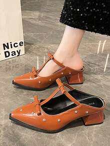 Mules à talon épais et bout fermé pour femmes, sandales sans contrefort, nouveautés à la mode printemps/été 2025 - Tabac - Voir 2