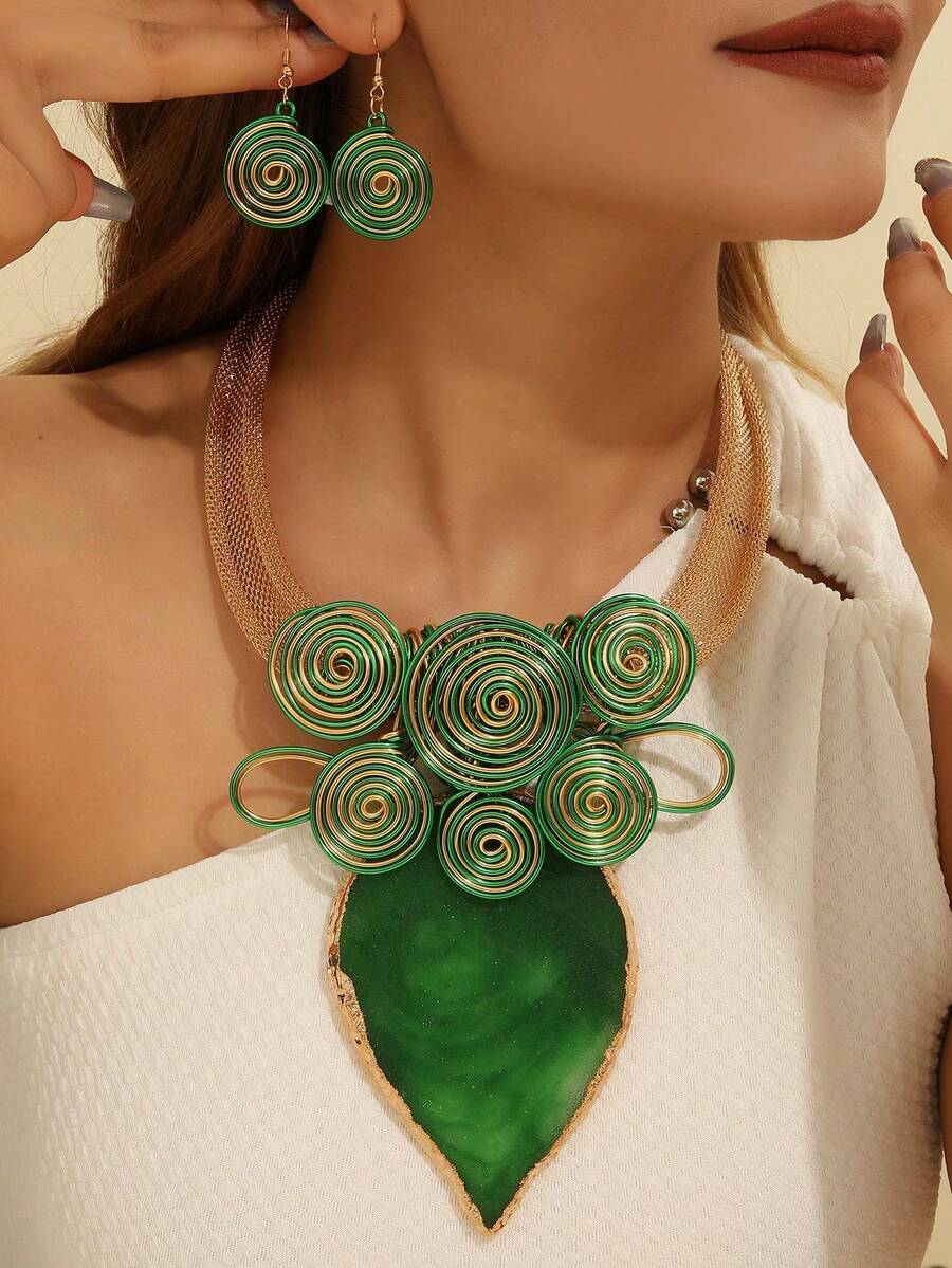 Exaggerated & Dramatic Multi-Layer Handmade Heavy Aluminum Wire Woven Resin Chain Bohemian European Middle Eastern European Korean Style Evening Party Holiday Women Resin Leaf Shaped Necklace Earrings Set - Green - View 1