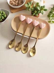 14cm 4pcs Set Premium Luxury 410 Stainless Steel Spoon Set, Ceramic Heart Handle | Gold Plated | Perfect For Afternoon Tea & Desserts | Ideal For Cafes & Weddings | Elegant Afternoon Tea & Travel Cutlery, Cafe Supplies, Refined Tableware Decor, Decorative Spoons, Durable Flatware - Multicolor - View 12
