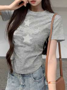 女士夏季休闲刺绣插肩修身圆领上衣 - 灰色 - 查看 3