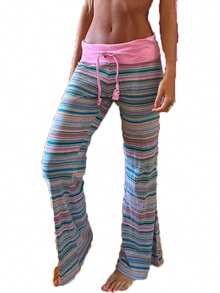 Women Lounge Pants Retro Fold Over Low Rise 2000s Colourful Stripe Stretch Flared Yoga Legging Bottoms Sweatpants - 粉色 - 查看 9
