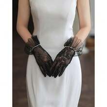 Short Lace Mesh Gloves Tulle Border With Pearls Wedding Opera Tea Party Gloves For Women Formal,OneSize,Black - Black - 查看 6