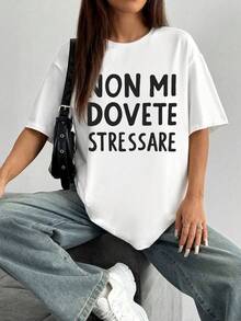 女士圆领宽松T恤，100%纯棉，“NON MI DOVETE STRESSARE”图案印花，春夏休闲日常穿着 - 白色 - 查看 9
