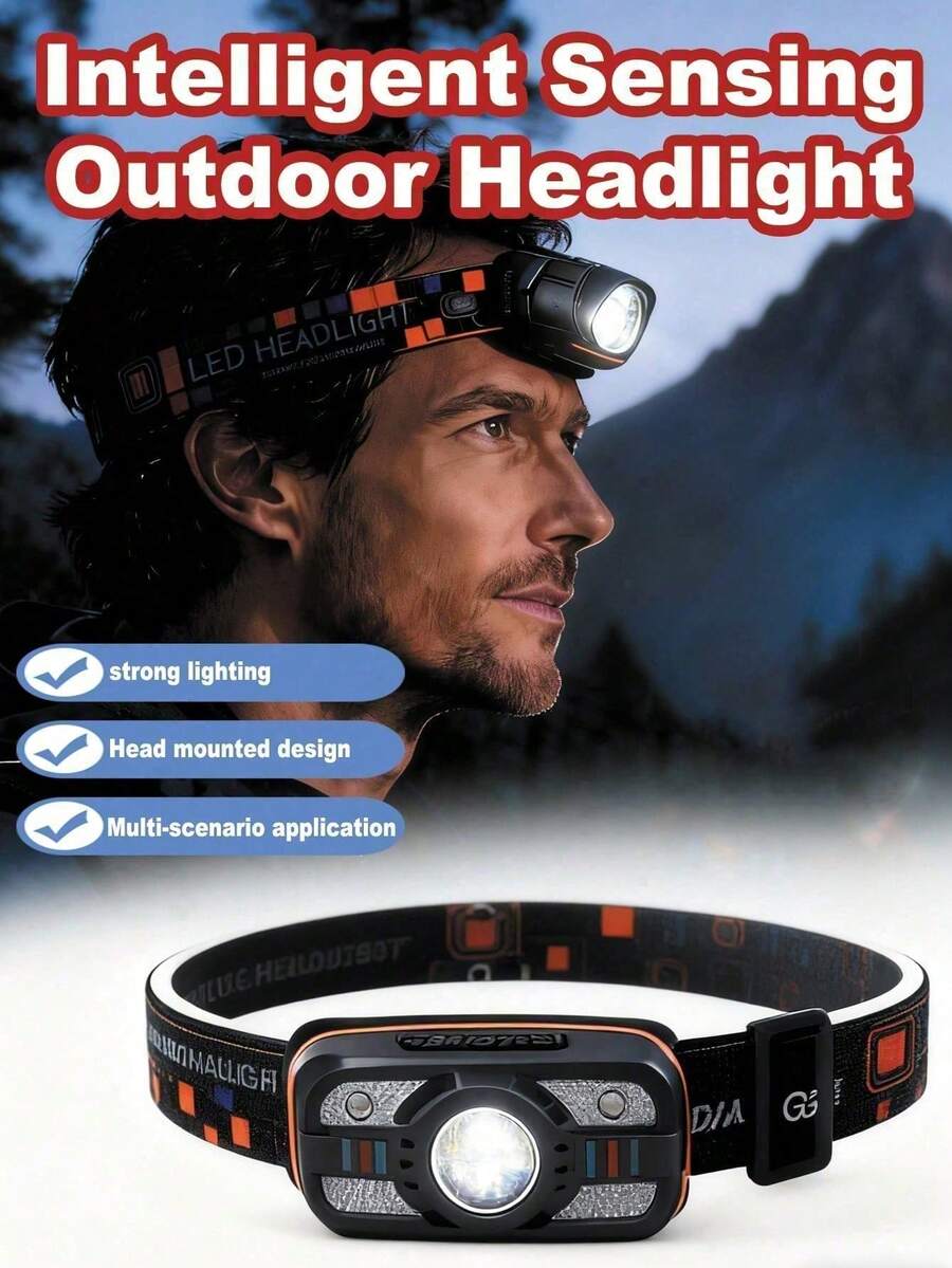 1pc Smart Sensor Headlamp, USB Rechargeable, Infrared Sensor With Pulsing Control, Bright LED Headlight With Red & White Dual Light Sources, 6 Brightness Levels. Essential For Outdoor Night Fishing And Running.