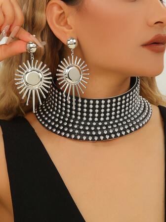 Handmade Leather Vintage Bohemian Necklace & Earrings Set, Exaggerated Design For Evening Party, Vacation, African & Middle Eastern Style