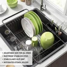 Dish Drying Rack In Sink, Expandable Stainless Steel Dish Drainers For Kitchen Counter, Dish Dryer Rack For Inside Sink, Over The Sink Dish Racks With Utensil Holder, Silver,Kitchen Sink Drain Strainer With Cutlery Holder & Cup Holder - Silver - View 6