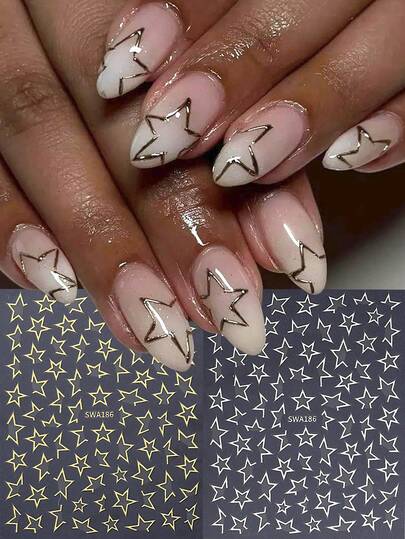 3D Metallic Hollow Star Nail Stickers 2pcs Gold Silver Cute Irregular Star Simple Salon Manicure Design DIY Y2K Holographic Self-Adhesive Gel Polish Decal Slider Nail Decoration Nail Supplies