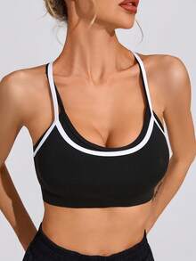 Women's Solid Color Round Neck Removable Padded Criss-Cross Adjustable Back Fashion Sports Knit Bra - Black - View 5