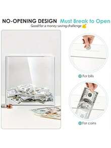 1pc Transparent Acrylic Piggy Bank, 3L Capacity, Non-Openable Design; Must Be Destroyed To Access Contents, Suitable For All US Dollar Coins And Bills - Medium Size (5.91 X 5.91 Inches) - View 6