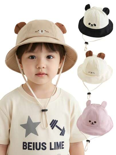 1顶带可爱耳朵的儿童遮阳帽，卡通熊/熊猫渔夫帽，适合男宝宝和女宝宝，春夏遮阳帽，适合幼儿日常户外活动/海滩/公园玩耍防晒