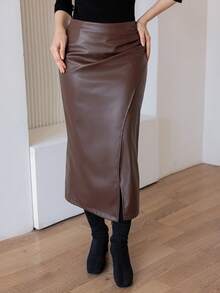 DAZY 纯色PU开衩不对称褶皱女裙，铅笔裙，秋季服装皮裙冬季女裙 - 咖啡棕 - 查看 1