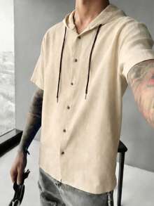 GRDR 男士休闲连帽短袖衬衫 | 精致设计 | 夏季必备 | 时尚百搭，展现您的风格 - 杏色 - 查看 5