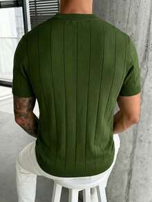 GRDR Men's Loose Thin Ribbed Crew Neck Knit Short Sleeve Sweater, Summer - Army Green - View 2