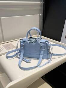 Fashionable Solid Color PU Drawstring Mini Handbag, Metallic Color Crossbody Small Shell Bag For Women - Blue - View 9