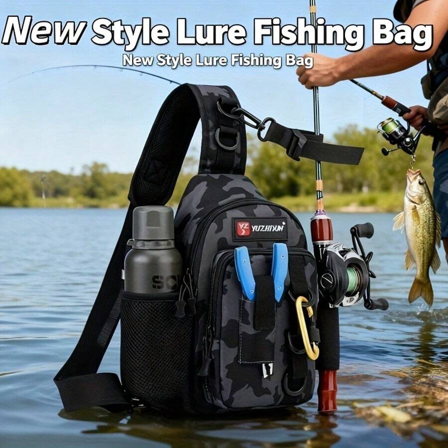 1pc Fishing Tackle Backpack, Multifunctional Fishing Shoulder Bag, Fishing Waist Pack, For Storing Fishing Rods, Baits, Hooks, Fishing Gear, Extra Large Capacity, 600D Nylon Material, Multiple Compartments, Padded Shoulder Strap, Camouflage Stripe Design, Suitable For Outdoor Camping And Fishing Trips, Fishing Gift - Multicolor - View 1