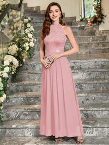 MIUSOL Contrast Lace Pleated Hem Formal Gown - Pink - View 6