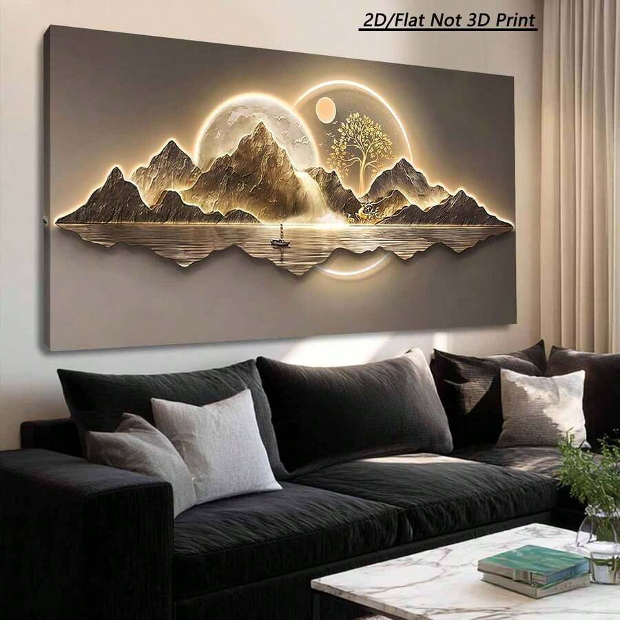 1 Piece Large Frame Canvas Painting Art Print,2D Canvas Painting,Golden Moonlight Mountain Landscape, High Quality Wall Art Printed Poster Can Be Hung Directly,Pine Frame, Autumn Decor- Perfect Gift For Art Lovers & Home Decor Enthusiasts - 彩色 - 查看 1