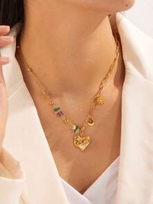 1 chiếc mặt dây chuyền hình trái tim khóa không đối xứng mạ vàng, trang trí hạt cườm nhiều màu sắc, dây chuyền thép không gỉ - màu sắc - Xem 4