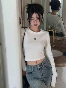 撞色条纹T恤，新款短袖修身女式上衣，休闲白色春季款 - 白色 - 查看 3