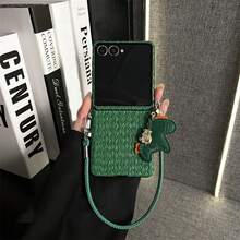New Year Korean Dark Green Straw Mat Pattern Phone Case With Lucky Pony Pendant Leather Rope Compatible With Samsung Galaxy ZFlip7 Z Flip6 ZFlip 5 Zflip6 Zflip5 Shockproof Back Cover - Dark Green - View 3