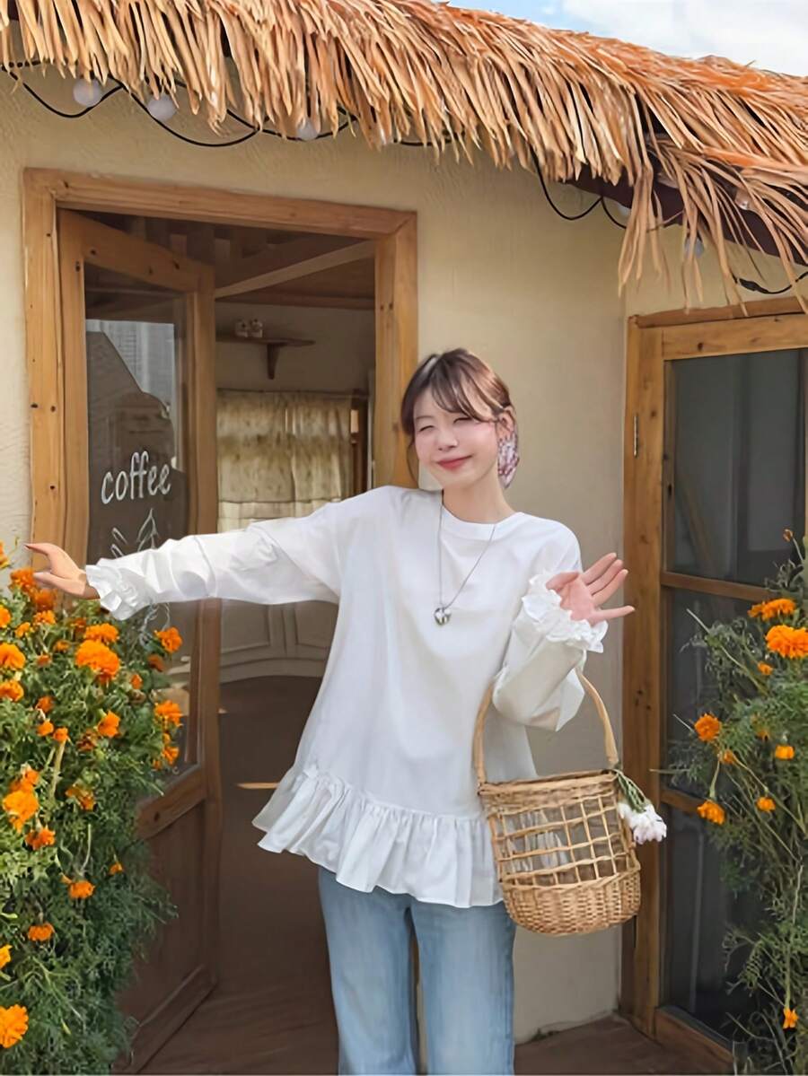 女士甜美荷叶边长袖衬衫，白色宽松中长款上衣，2025秋季新款时尚单品 - 白色 - 查看 1