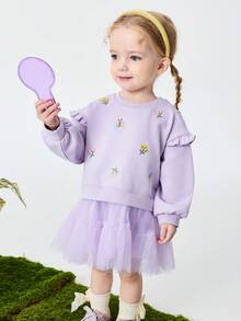 mini bala Baby Girls Sweatshirt Dress, Sweet Mesh Patchwork, Casual Style, Spring 2026