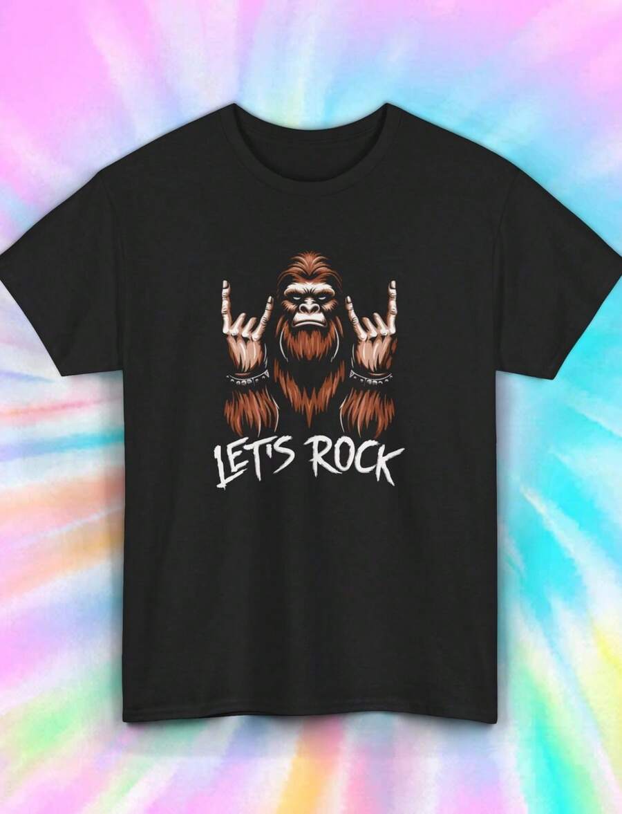 Let's Rock Shirt  Bigfoot Rock And Roll Graphic Tee  Cool Sasquatch Gift S-5XL - 黑色 - 查看 1