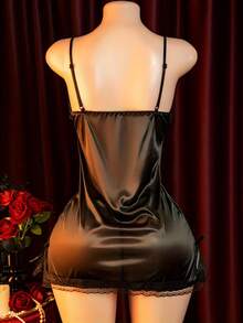 Lace Side Slit Camisole Sleep Dress, Desire Small Bust Date Set, Bed Passion Strapless Robe, Bold Exotic Style, Attractive Underwear, Home Wear, New Valentine'S Day Lingerie - 黑色 - 查看 3