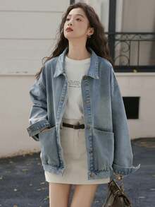 2025新款宽松休闲牛仔外套，女士秋冬款 - 復古藍 - 查看 5