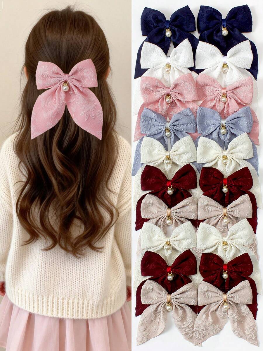 6pcs Solid Color Textured Bow Barrettes With Pearl Pendant, Large Basic Hairclips For Cute Girls & Princess, Suitable For Daily Wear And Party
