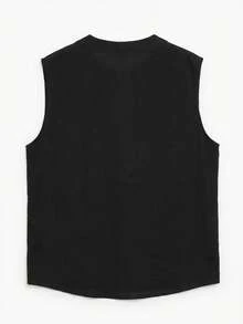 GRDR 男士夏季亚麻V领休闲背心 - 黑色 - 查看 5