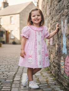 Toddler Baby Girl Easter Dress A Line Bunny Embroidered Plaid Ruffled Trim Crew Neck Short Sleeve Dress - Pink - View 1