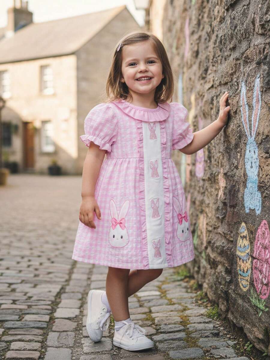 Toddler Baby Girl Easter Dress A Line Bunny Embroidered Plaid Ruffled Trim Crew Neck Short Sleeve Dress - Pink - View 1