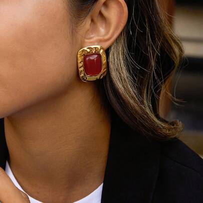 S SHOPBOHO 1pr Vintage Natural Agate Stone Earrings Gold Studs Earring Jewelry Chic Outfit Accessories Gift For Her