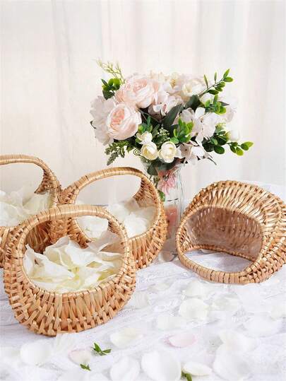 1 Set Cesta de Flores y Pétalos Blancos - Cesta Tejida con Forro, Cesta Pequeña de Mimbre con Asa, Adecuada para Bodas, Decoración de Baby Shower para Contener Pétalos Blancos, Caramelos, Decoraciones y Regalos - Compacta y Reutilizable