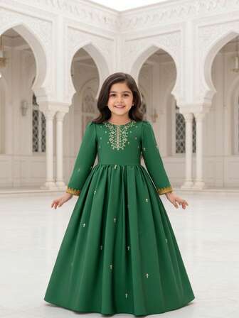 4-7Y Girls Middle Eastern Princess Style Emerald Green & Gold Embroidered Floral Pattern Elegant Handmade Embroidery Round Neck Long Sleeve High Waist A-Line Maxi Dress, Formal Gown For Wedding, Party, Birthday, Flower Girl, Photo Shoot, Daily Wear, Spring/Summer/Autumn