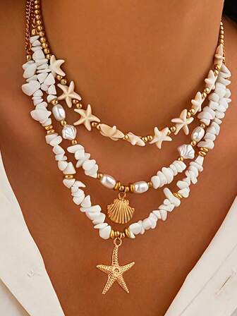 3件套波西米亚海滩度假风个性化随机宝石、CCB仿珍珠、绿松石、海星、贝壳吊坠项链套装
