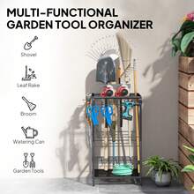 Outsunny Garden Tool Organizer With 14 Hooks, 3-Tier Yard Tool Tower Rack For Garage Organization, Hold Long-Handled Rakes, Shovel, Broom, Metal Tool Holder For Shed, Black - 黑色 - 查看 4