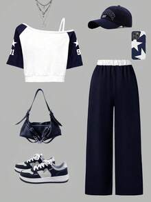 Tween Girl Numeric Print Asymmetric Shoulder Short Sleeve Top And Pants Set - Royal Blue - View 2