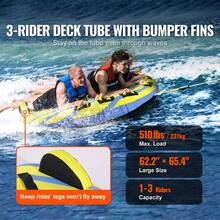Towable Tube For Boating, 1-3 Riders Inflatable Towable Tube With Bumper Fins, 510 Lbs Water Sport Towable Tubes For Boats To Pull, Full Nylon Cover, EVA Grab Handles And Speed Saf Ety Valve - 62.2" X 65.4" X 14.4" - View 2