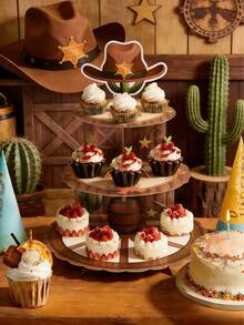 Soporte de 3 niveles para cupcakes estilo vaquero occidental, decoración de fiesta de cumpleaños con tema vaquero, estante de papel para postres, soporte para cupcakes de fiesta del Lejano Oeste, adecuado para suministros de fiesta salvaje, decoraciones para baby shower - Multicolor - Ver 2