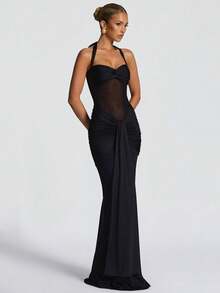 Vestidos Elegantes De Mujer,Vestidos De Mujer,Vestidos Elegantes Para Fiesta,Prom Dress,Elegant & Romantic Halter Neck Tie Waist Mesh Panel Flowy Sash Maxi Evening Dress - màu đen - Xem 1